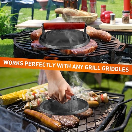 Burger Press 7.08" Roundï¼ŒHeavy-Duty Cast Iron Kit Smash Presses with Wooden Handle-Perfect for Griddle, Grill, and Sandwich Cooking