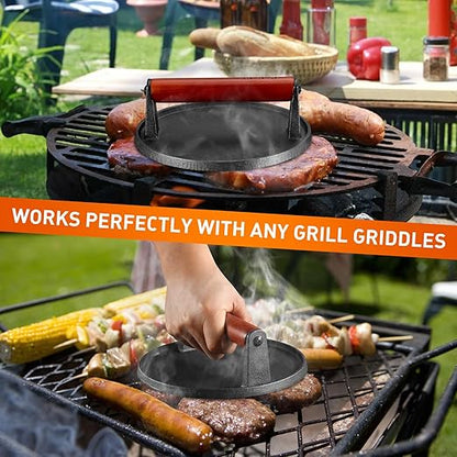 Burger Press 7.08" Roundï¼ŒHeavy-Duty Cast Iron Kit Smash Presses with Wooden Handle-Perfect for Griddle, Grill, and Sandwich Cooking