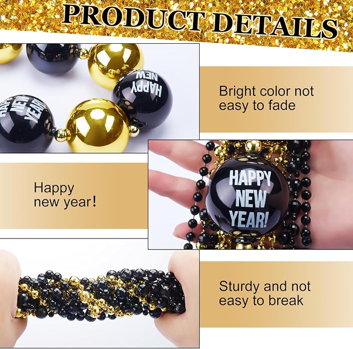 2 set of 36 inch 2026 Happy New Year Bead Necklace 35 Black and Gold Bead Necklace 33 Plastic Beaded Torque Happy New Year Decorations for Party Favors Costume Accessories