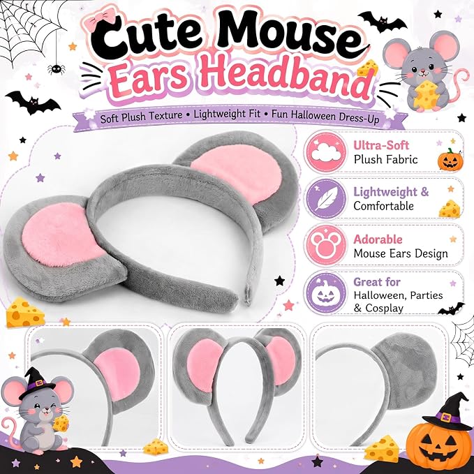 Halloween Mouse Ears Headband, Grey Mouse Ears Animal Halloween Costume Accessories Adult Women, Rat Ears Headband Dress Up