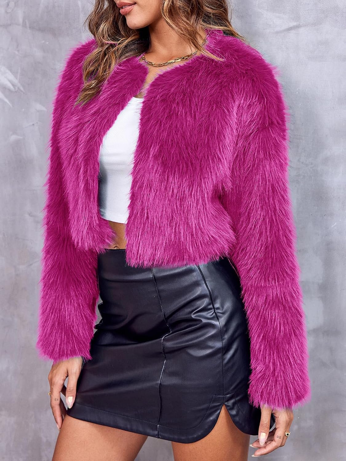 Danedvi Women's Fashion Cropped Faux Fur Jacket Long Sleeve Open Front Cardigan Casual Fluffy Parka Shaggy Short Coat.