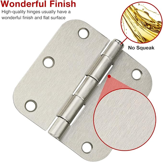 12 Pack Nickel Door Hinges Brushed Nickel Hinges for Doors 3 1/2 Interior Door Hinges Satin Nickel 3.5"x3.5 Inch Hinges Rounded 5/8" Radius Standard Residential Bedroom Door Hinge Sturdy Door Hardware