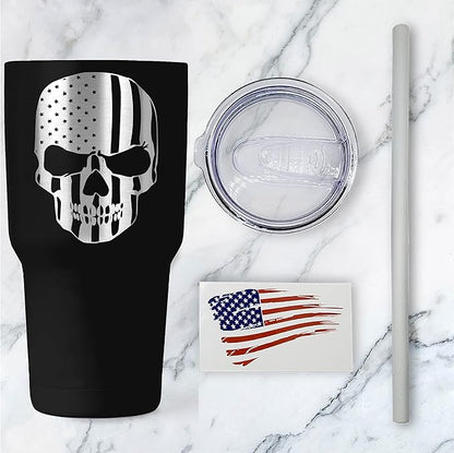 American Flag Skull 30oz Patriotic Tumbler - American Flag Tumbler Travel Mug - Patriotic Coffee Travel Mug - Double Insulated 30oz Tumbler - Engraved in the USA - (Skull Flag)