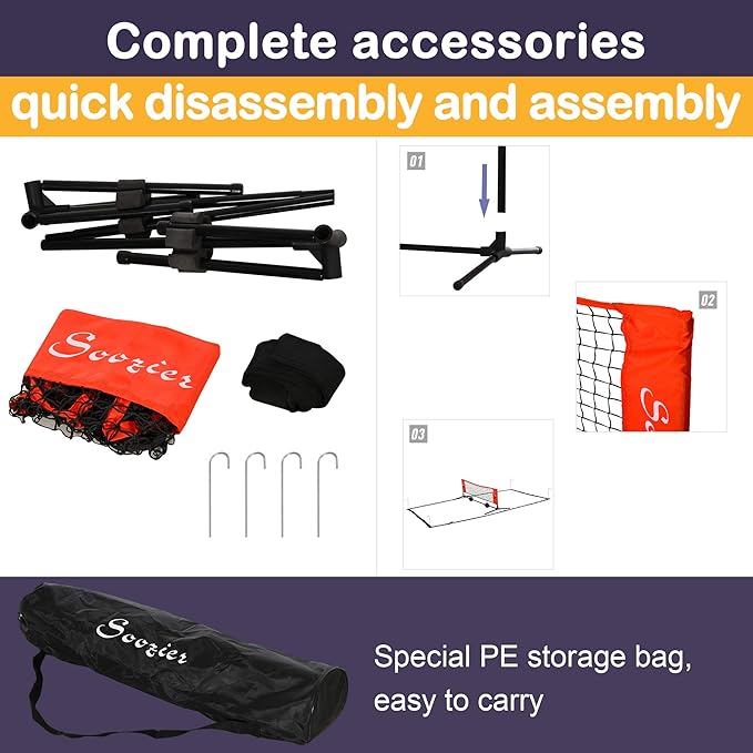 Soozier 10ft Portable Soccer TennisPickleballBadmintonMini Tennis Net wSideline for Training with Included Storage Bag, Red