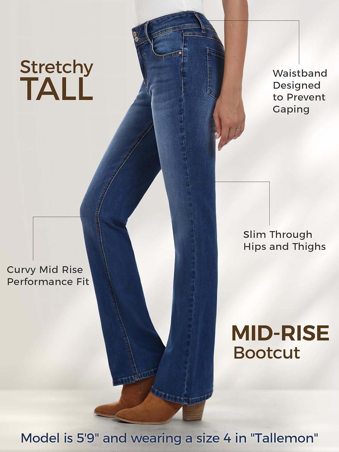 Tall Women's 34"/36"/38" Inseam Curvy Bootcut Jeans Mid-Rise Stretchy Denim Pants Classic Bell Bottom Trouser