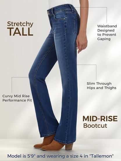 Tall Women's 34"/36"/38" Inseam Curvy Bootcut Jeans Mid-Rise Stretchy Denim Pants Classic Bell Bottom Trouser