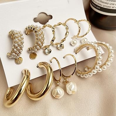 Gold Earrings Set for Women Gold Hoop Earrings Dangle Drop Pearl Earrings Pack Chunky Hoops Jewelry for Birthday Party Gift