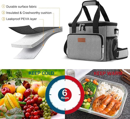 Femuar Lunch Bags for WomenMen, Insulated Lunch Bag for Work Office Picnic - Large Lunch Cooler Bag Leakproof Lunch Box with Adjustable Shoulder Strap for Adults - Grey (15L)