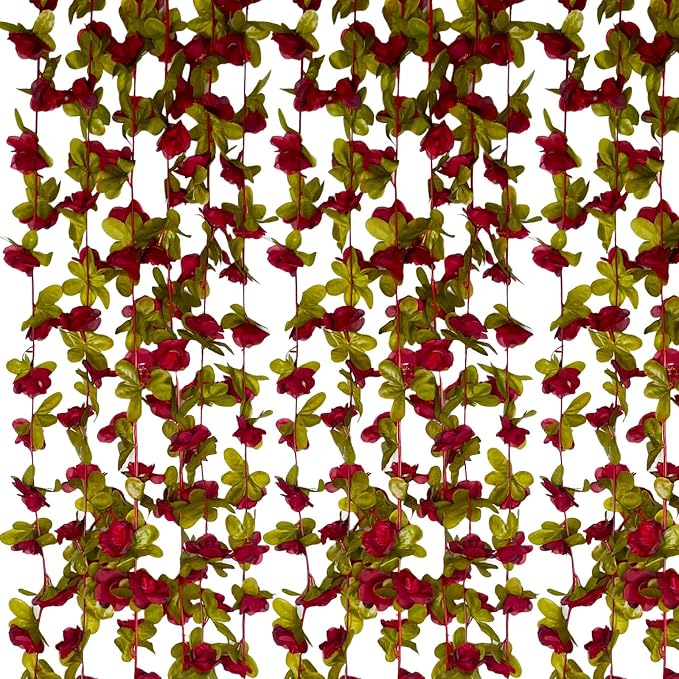 8Pcs 66Ft Burgundy Rose Garland, Fake Rose Hanging Flowers, Artificial Flower Vine, Hanging Floral Vine Garland for Wedding, Birthday Party, Wall Arch, Halloween, Christmas Garden Backdrop Decor