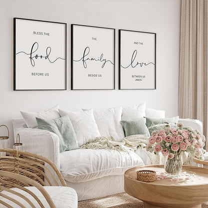 Heiple Set of 3 Framed Farmhouse Bless The Food Before Us Sign Kitchen Wall Decor for Dining Room Decor Wall Art Wood Signs