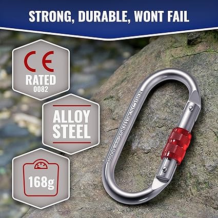 Carabiner Clip  UIAA Certified 25 kN 5620 LB, Large Heavy Duty Carabiners for Climbing: Oval-Shape, Screw Locking Steel Caribeener Clips, Hammocks, Hiking, Camping  Durable Tested