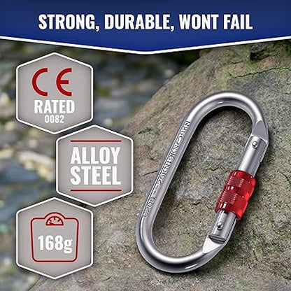 Carabiner Clip  UIAA Certified 25 kN 5620 LB, Large Heavy Duty Carabiners for Climbing: Oval-Shape, Screw Locking Steel Caribeener Clips, Hammocks, Hiking, Camping  Durable Tested