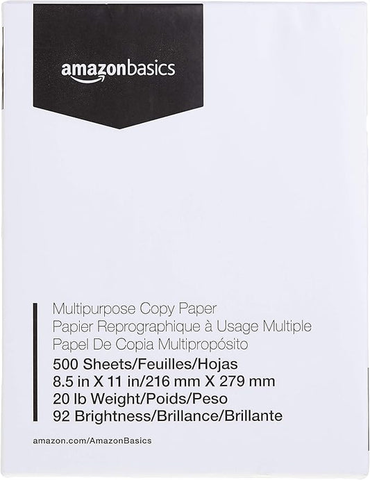 Basics Multipurpose Copy Printer Paper, 8.5 x 11 inches, 20 lb, 1 Ream, 500 Sheets, 92 Bright, White
