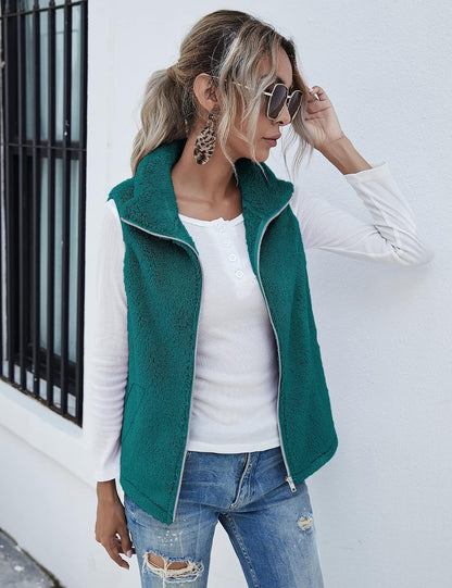 LOMON Womens Fuzzy Sherpa Fleece Jacket Lightweight Vest Cozy Sleeveless Cardigan Zipper Waistcoat Outerwear with Pocket