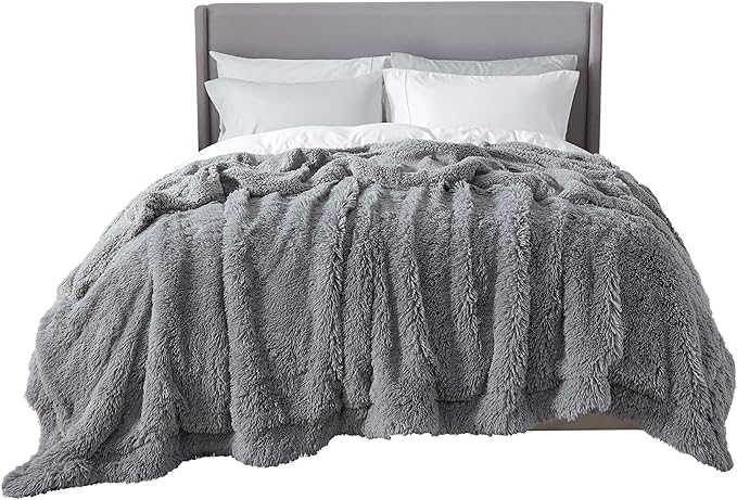 Bedsure Fluffy Grey King Size Blanket for Bed, Thick Soft Sherpa Faux Fur Fleece Bedding Fuzzy Plush Winter Warm Heavy Oversize Big Large King Blanket, Cozy Grey Gifts for Men Women, 108x90
