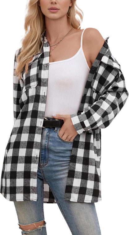 Women and Girls Oversized Flannel Plaid Shirt Mid-Length Casual Button Down Shirt with Pockets