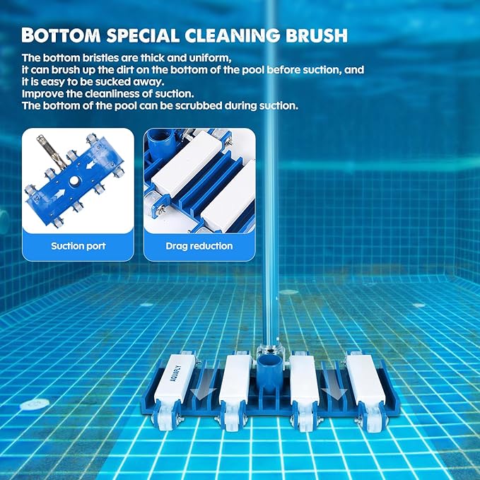 Pool Vacuum Head, Manual Cleaning Vacuum with Wheels 14'' Heavy Duty Handle Pool Vacuum Heads for Inground  Above Pools with Flexible Swivel, Swimming Pool Head for Absorb