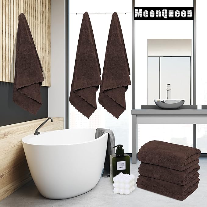 MOONQUEEN 6 Pack Premium Bath Towel Set - Quick Drying - Microfiber Coral Velvet Highly Absorbent Towels - Multipurpose Use as Bath Fitness, Bathroom, Shower, Sports, Yoga Towel (Wood Brown)