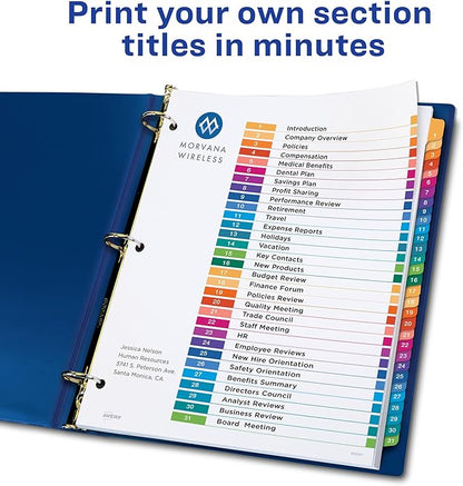 Avery 1-31 Tab Dividers for 3 Ring Binders, Customizable Table of Contents, Multicolor Tabs, 1 Set (11129)