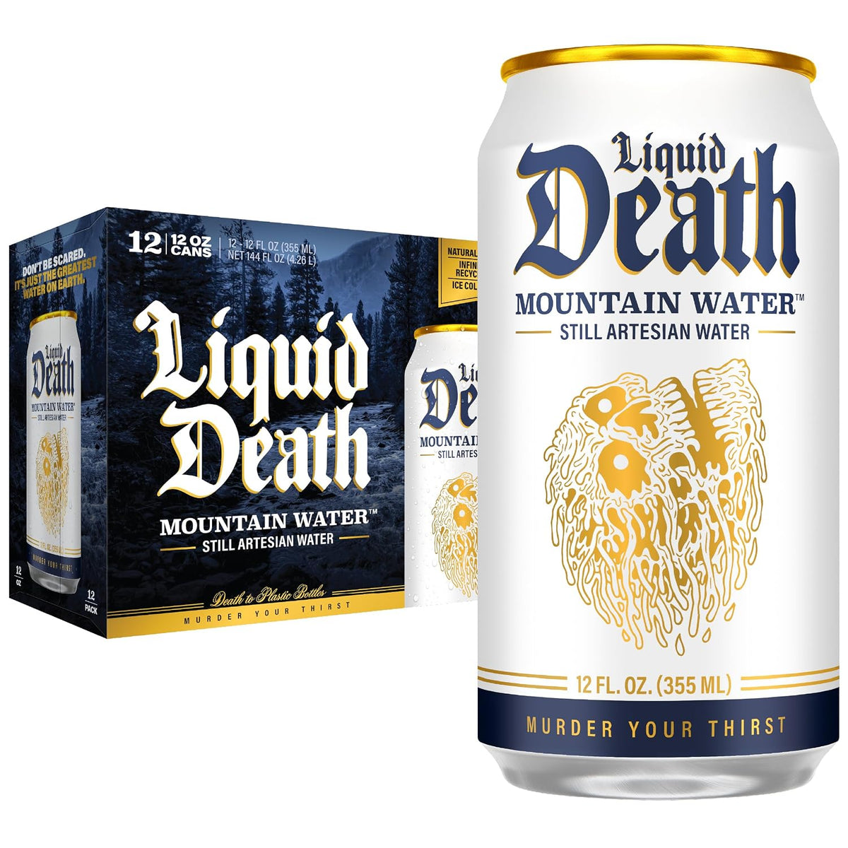 Liquid Death Still Mountain Water, Real Mountain Source, Ice-Cold Cans, Infinitely Recyclable, 12 Fl Oz (Pack of 12) (Box has damage)