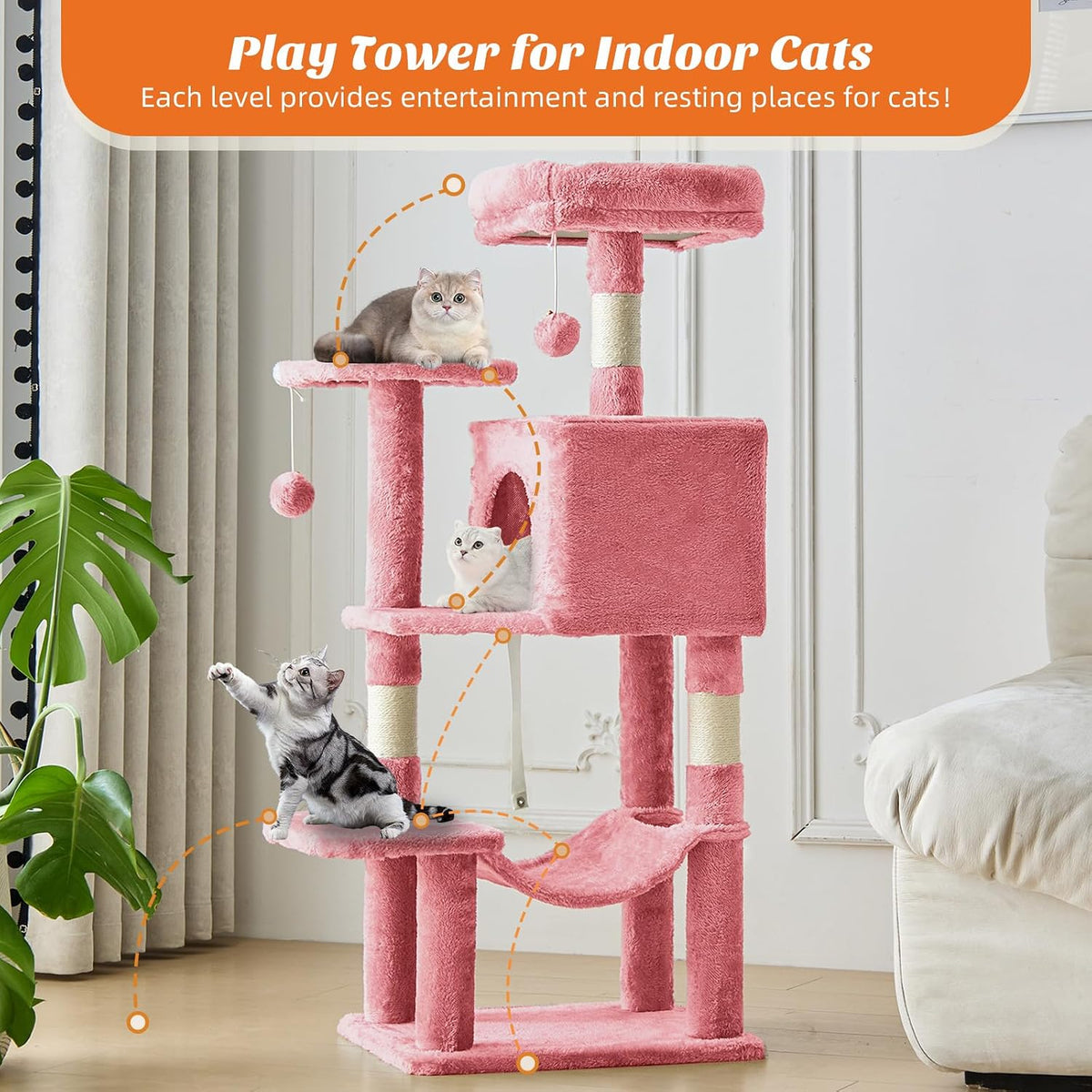 Cat Tree 54 Inch, Multi-Level Cat Tower with Condo, Perches, Sisal Scratching Posts and Climbing Ladder, Pet Play Toy Balls House for Indoor Cats, Pink