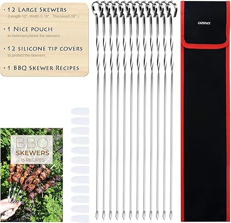 Stainless Steel BBQ Skewers - 12 Inch, 12 Pack for Kabobs, Grill Stick Set for Meat, Chicken, Shrimp, Fruit, Vegetables