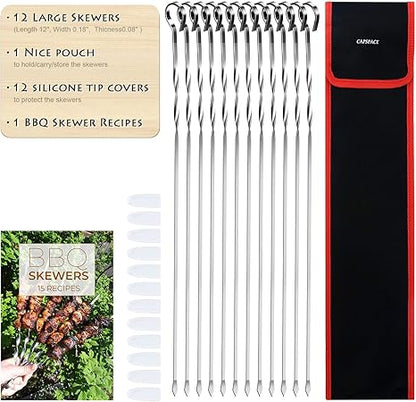 Stainless Steel BBQ Skewers - 12 Inch, 12 Pack for Kabobs, Grill Stick Set for Meat, Chicken, Shrimp, Fruit, Vegetables