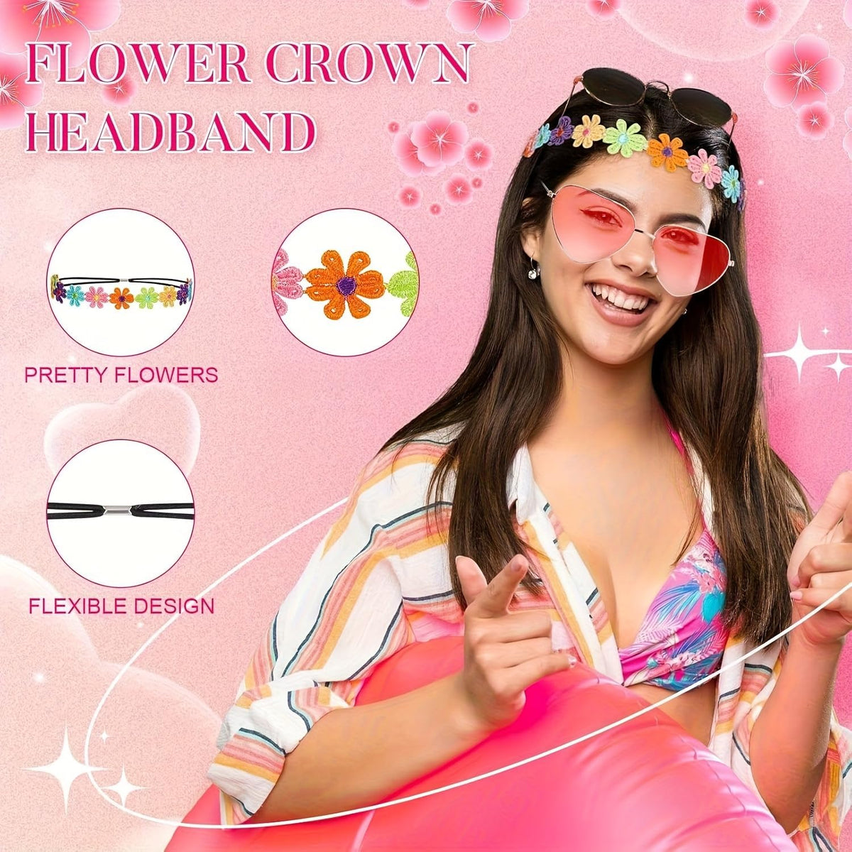 4Pcs Hippie Costume & 70s Retro Outfit Accessories for Women with Flower Headband & Peace Sign Necklace-earing for Halloween & Dress Up