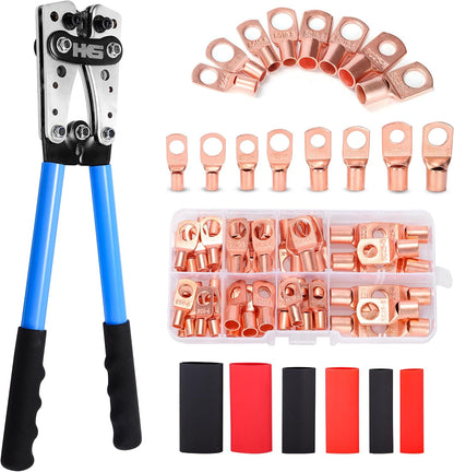 HKS Battery Cable Crimping Tool Kit – Heavy Duty Wire Crimper for AWG 10-1, Includes 60pcs Copper Ring Terminals & 60pcs 3:1 Heat Shrink Tubing, Ideal for Battery Cables