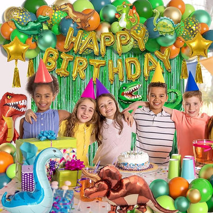 Dinosaur birthday party decoration supplies, 125 pieces of dinosaur balloons, green, orange, blue, happy birthday balloon garland arch kit, balloon curtain of