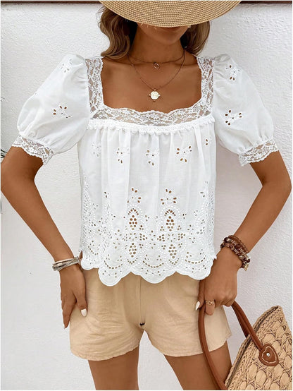 SweatyRocks Women's Square Neck Puff Sleeve Eyelet Lace Hollow Out Embroidered Top Blouse