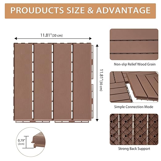 Plastic Interlocking Deck Tiles, 9 Pack Outdoor Flooring Waterproof Pavers for Patio Garden Porch Yard, All Weather Use, Coffee