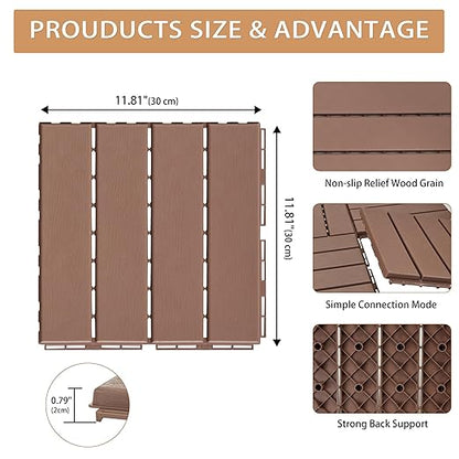 Plastic Interlocking Deck Tiles, 9 Pack Outdoor Flooring Waterproof Pavers for Patio Garden Porch Yard, All Weather Use, Coffee