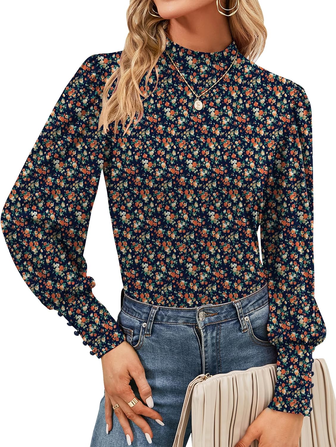 Qirno Womens Mock Neck Puff Long Sleeve Tops Casual Loose Solid Basic T Shirt Button Cuffs Pullovers Shirts Blouse No Buttons On The Sleeves But With Ruffles