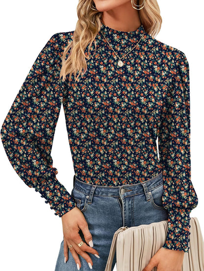 Qirno Womens Mock Neck Puff Long Sleeve Tops Casual Loose Solid Basic T Shirt Button Cuffs Pullovers Shirts Blouse No Buttons On The Sleeves But With Ruffles