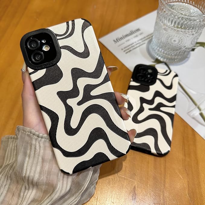 Designed for iPhone 12 Phone Case, Soft PU Leather TPU and Cute Art Wavy Painted for Women Girls, Slim Protective Shockproof Compatible with iPhone 12 (Beige)