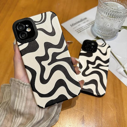 Designed for iPhone 12 Phone Case, Soft PU Leather TPU and Cute Art Wavy Painted for Women Girls, Slim Protective Shockproof Compatible with iPhone 12 (Beige)