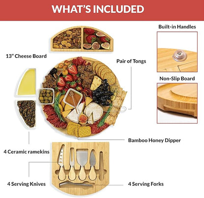 Round Cheese and Charcuterie Board Set - 13", Round Charcuterie Board, Bamboo Cheese Board and Knife Set, Beautiful Charcuterie Gift for Mom, Round Cheese Board Set, Circle Charcuterie Board Round