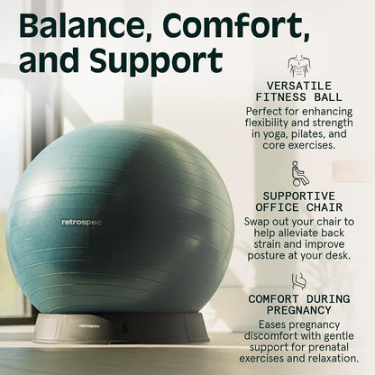 Retrospec Luna Exercise Ball and Base Only- Anti-Burst Fitness Equipment for Yoga, Core Training & Stability - Home Gym Swiss Ball for Office & Pregnancy