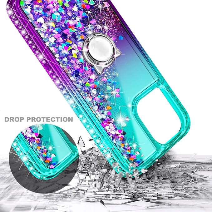 Designed for iPhone 15 Pro Max Case with Tempered Glass Screen Protector/Camera Lens Protector/Wrist Strap Lanyard/Ring Holder, Glitter Floating Liquid Girls Women Cute Case (Aqua/Purple)