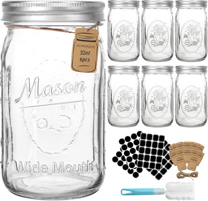 CycleMore 32oz Mason Jars, 6 Pack Large Glass Mason Jar with Metal Airtight Lids and Bands, Wide Mouth Glass Jars, 1 Quart Canning Jars for Pickling, Fermenting, Food Storage & DIY Projects