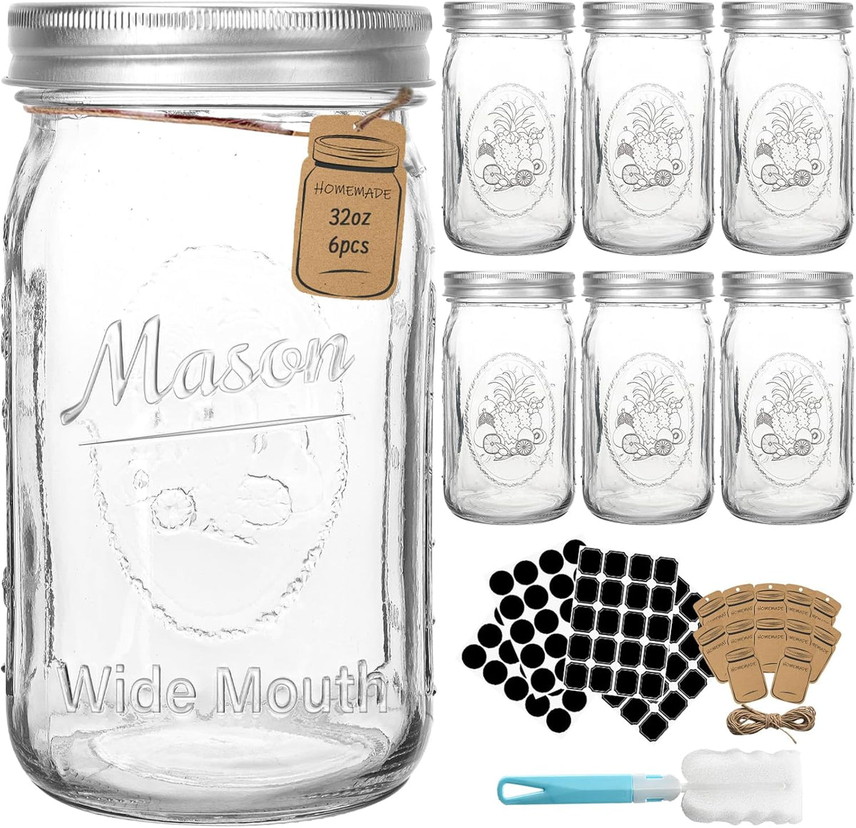 CycleMore 32oz Mason Jar, Large Glass Mason Jar with Metal Airtight Lid and Band, Wide Mouth Glass Jar, 1 Quart Canning Jar for Pickling, Fermenting, Food Storage & DIY Projects (1 Jar)