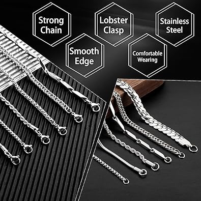 Stino 8PCs7PCs Stainless Steel Chain Necklace for Men Women - Bulk Silver Tone Necklace Chains for Jewelry Making, Figaro, Snake, Cuban Link, Rope