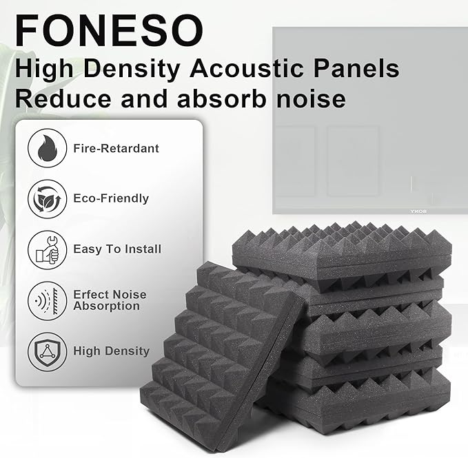 Foneso Acoustic Foam Panels 12'' x 12'' x 2'', Sound Insulation Wall, Black Acoustic Foam Mats for Sound Studio, Podcast Recording, TV Room, Playrooms and Offices
