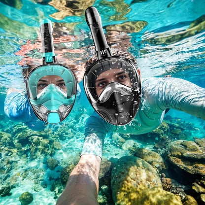 Full Face Snorkel Mask for Adults Teen, Snorkeling Gear with Detachable Camera Mount, Panoramic 180° View, Anti-Fog Anti-Leak Snorkling Set for Man and Women (Black Dark Green-S/M)