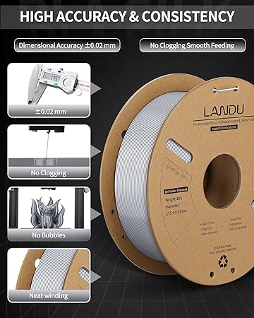 LANDU Silk PLA Filament 1.75mm Silver 1KG, 3D Printer Filament Dimensional Accuracy - 0.02mm, 1kg Cardboard Spool(2.2lbs), Neatly Wound 3D Printing Filament Fits for Most FDM 3D Printers, Silver