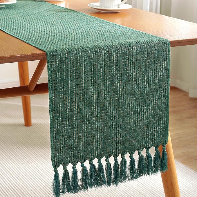 Laolitou Christmas Table Runner with Tassels, Boho Farmhouse Rustic Table Runners 72 Inches Long for Holiday Party, Wedding and Dining Table Decor, 13x72 Inches, Dark Green