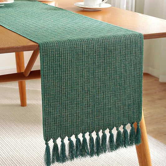 Laolitou Christmas Table Runner with Tassels, Boho Farmhouse Rustic Table Runners 72 Inches Long for Holiday Party, Wedding and Dining Table Decor, 13x72 Inches, Dark Green