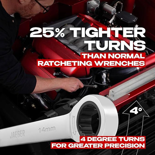 Jaeger 14 mm Ratchet Wrench with 90-Tooth Ratcheting Precision and Hardened, Polished Steel for Projects with Metric Tight Spaces