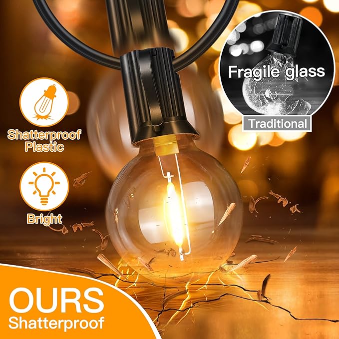 Ollny 50FT Outdoor String Lights, Waterproof Connectable Shatterproof Outside Light with 25 Edison  2 Spare LED Bulbs Plug in, Patio Lights for Indoor Balcony Porch Camping Deck